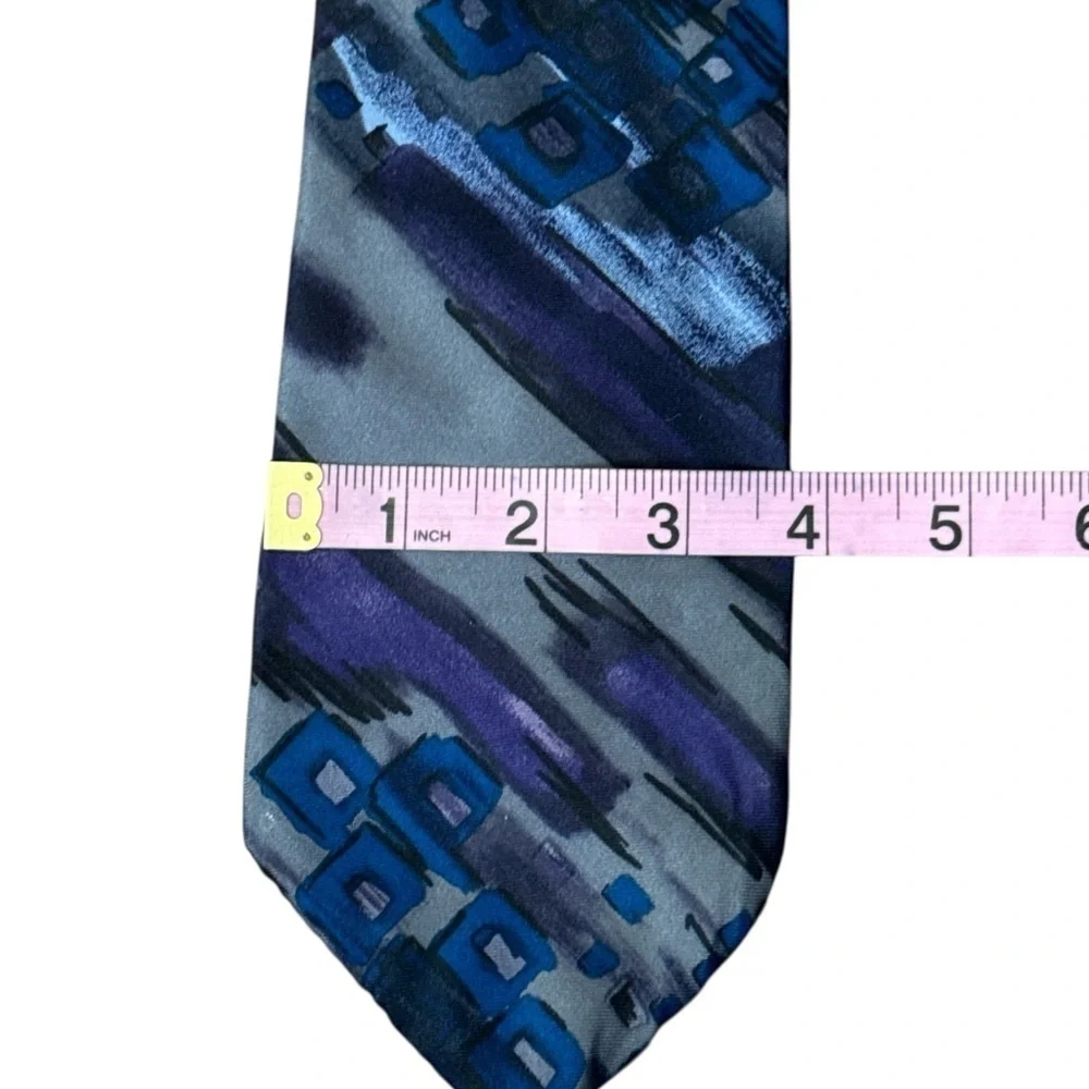 Monsieur Givenchy Vintage Blue Gray Geometric Silk Tie Made in USA